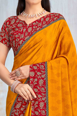 Mustard Crepe Silk Saree Featuring Delicate Floral Print Work