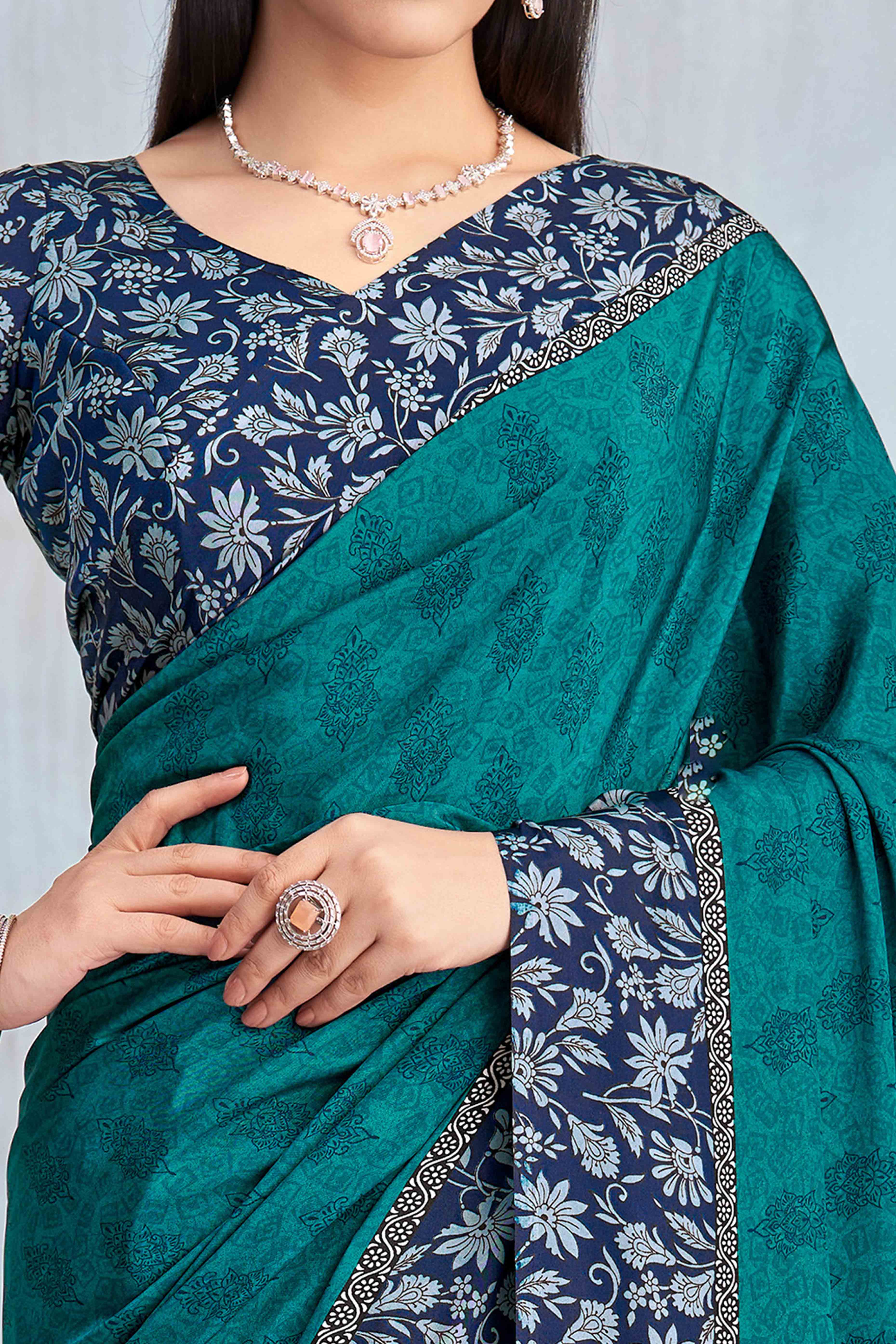 Teal Crepe Silk Saree Featuring Delicate Floral Print Work