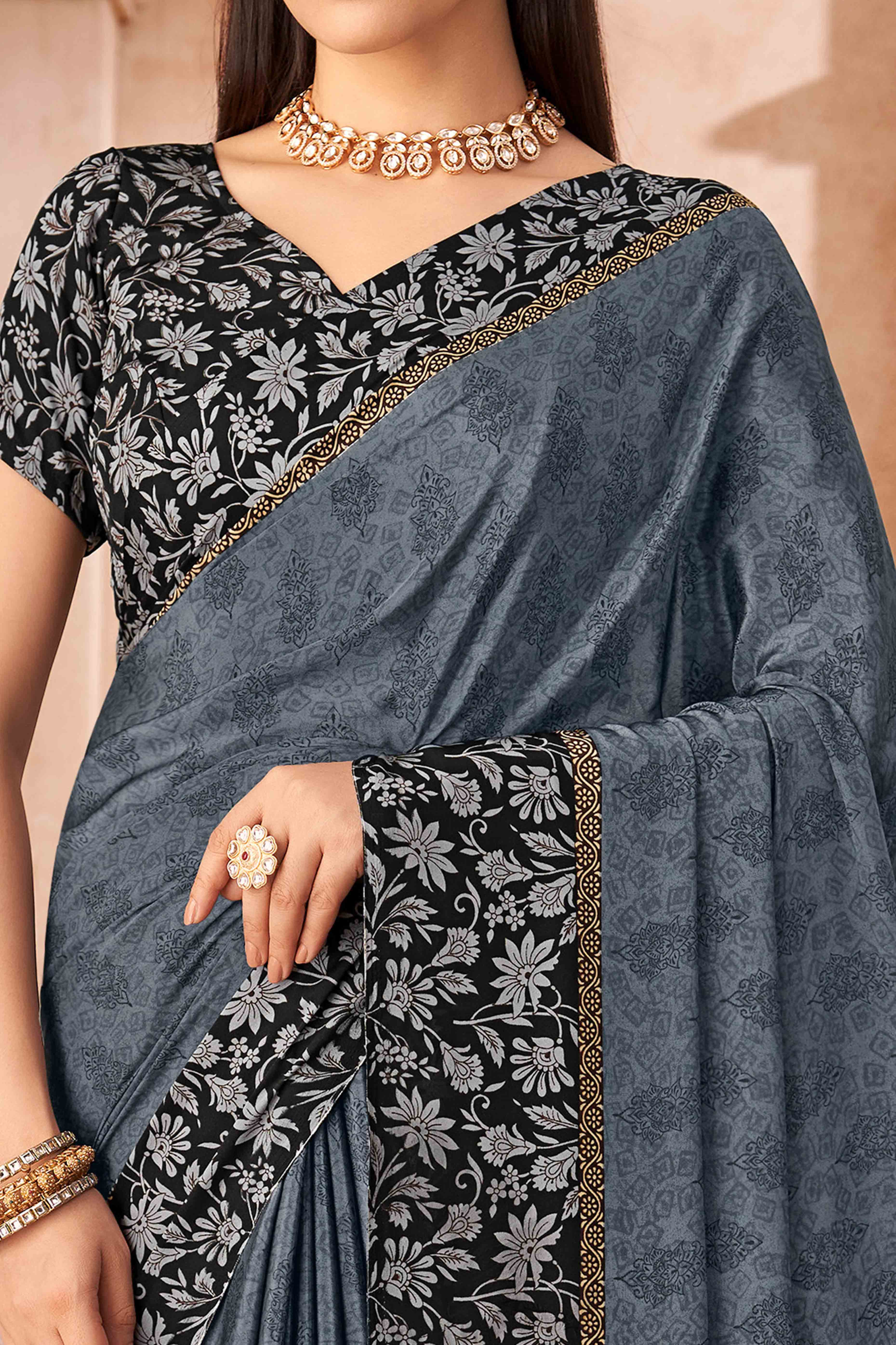 Grey Crepe Silk Saree With Timeless Floral Print Detailing