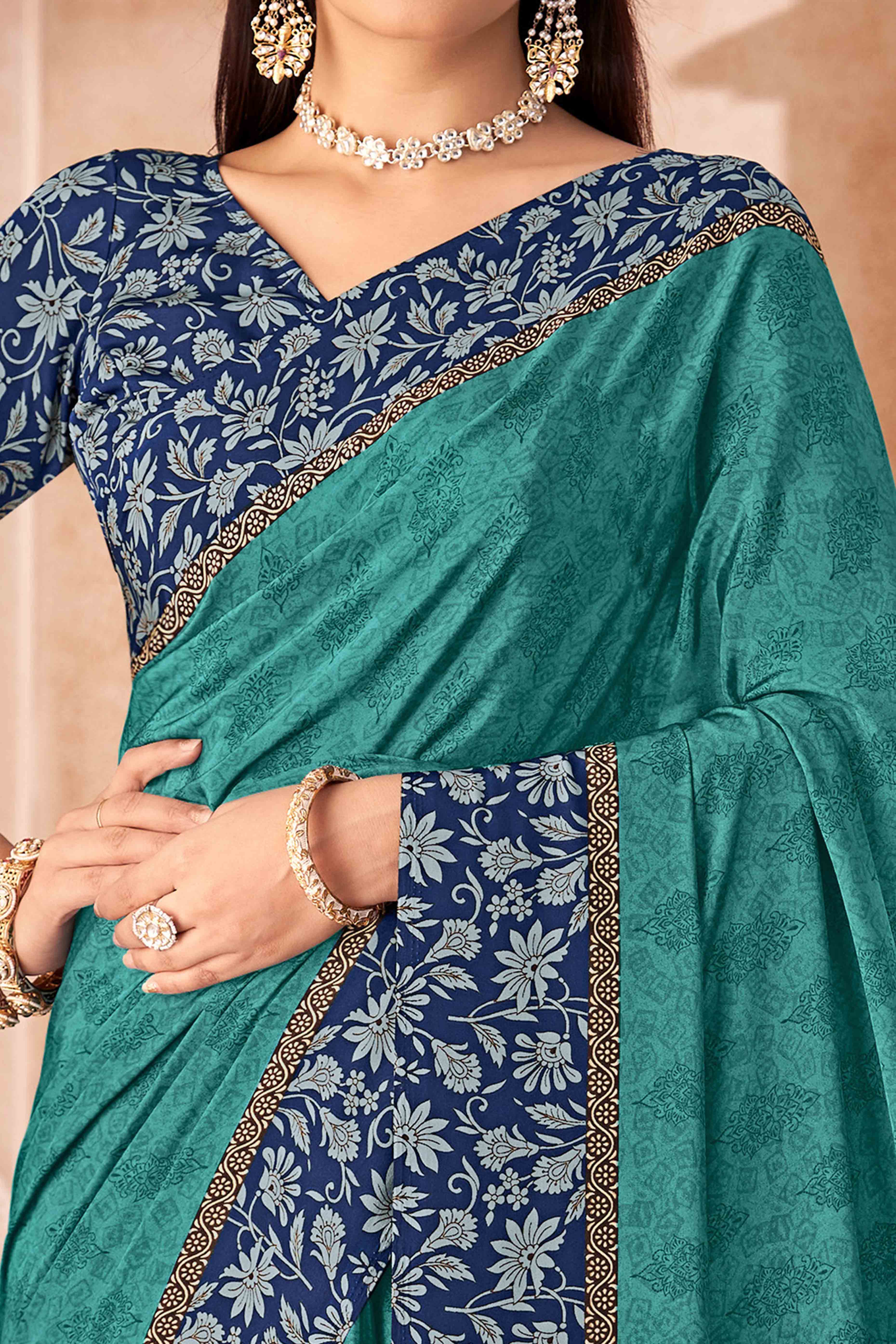 Teal Crepe Silk Saree With Timeless Floral Print Detailing