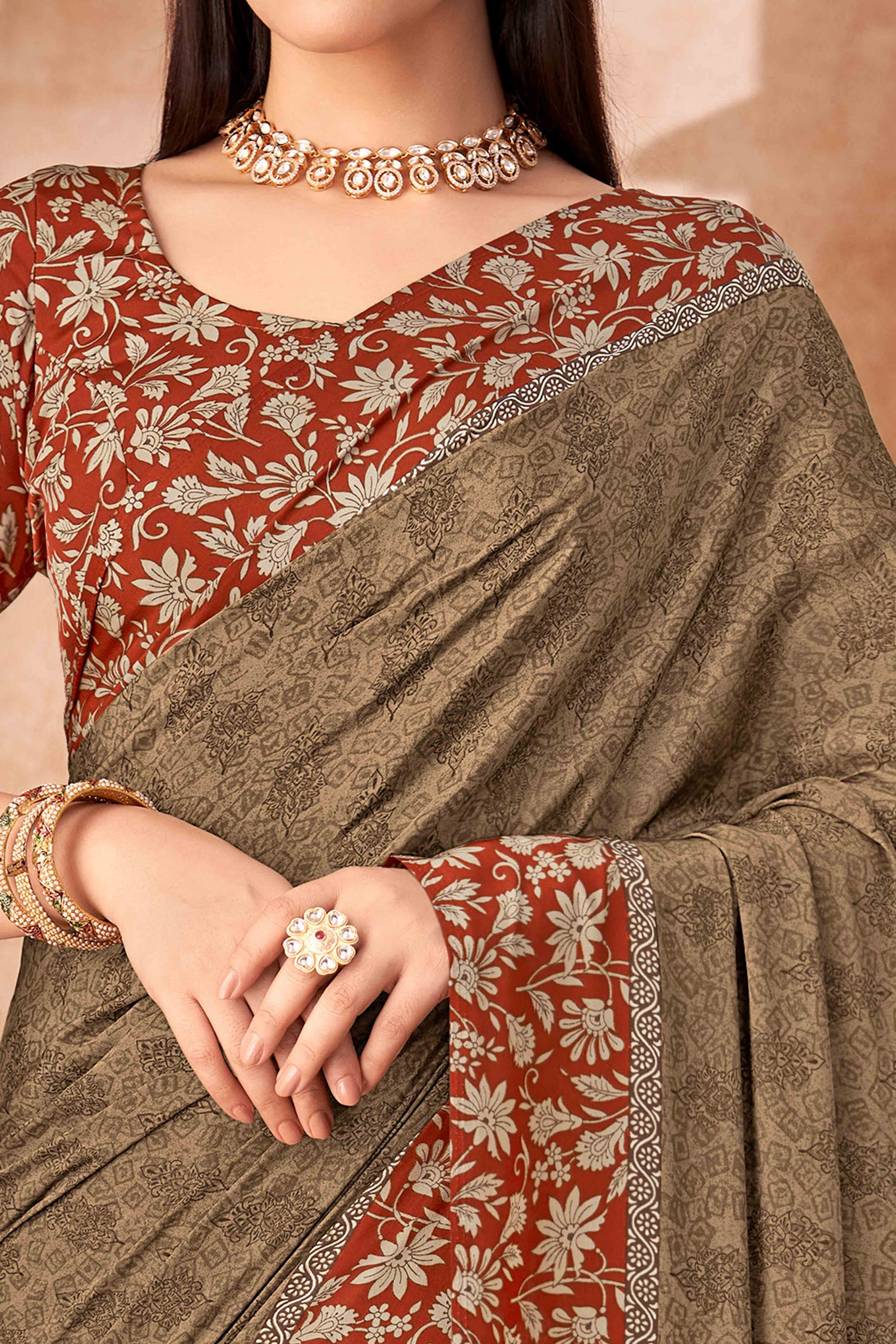 Brown Crepe Silk Saree With Timeless Floral Print Detailing