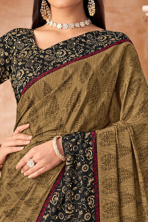 Chikoo Crepe Silk Saree With Timeless Floral Print Detailing