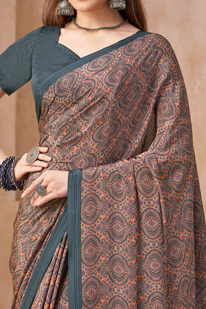 Grey Crepe Silk Saree Featuring Delicate Floral Print Work