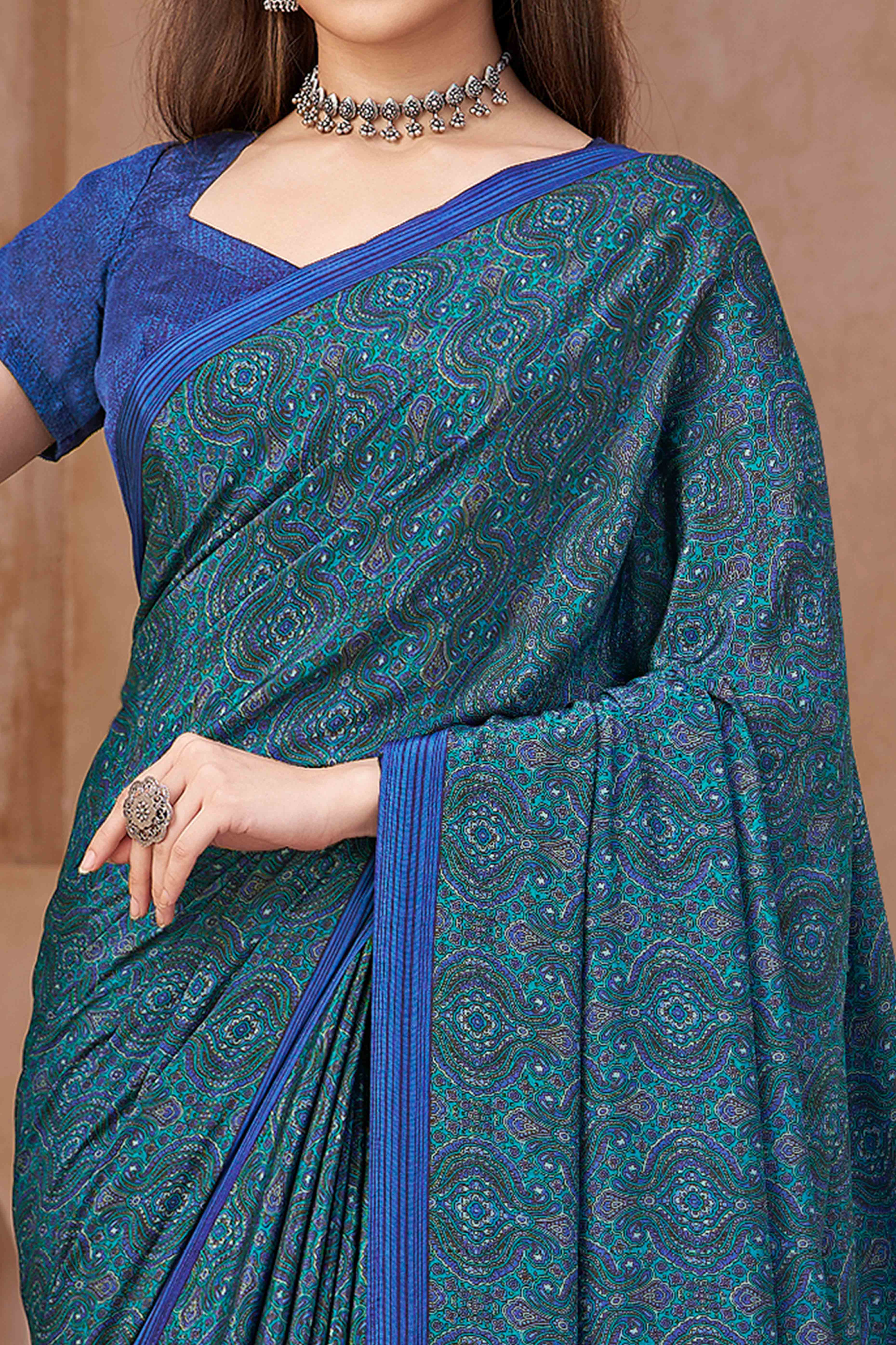 Blue Crepe Silk Saree Featuring Delicate Floral Print Work