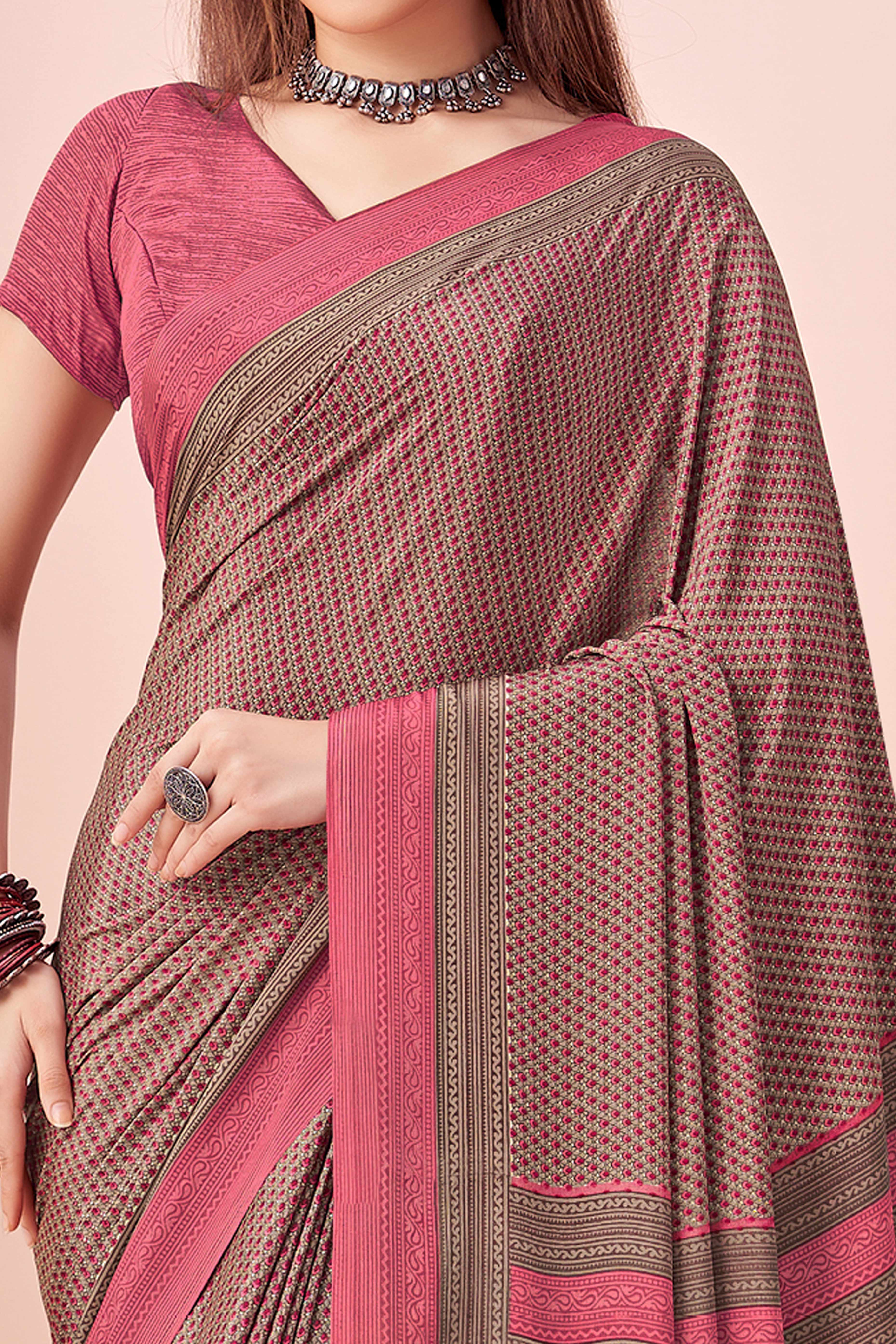 Pink Crepe Silk Saree Adorned With Artistic Floral Digital Print Work