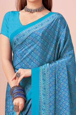 Blue Crepe Silk Saree Adorned With Artistic Floral Digital Print Work