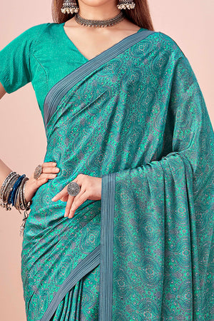 Turquoise Crepe Silk Saree Adorned With Artistic Floral Digital Print Work