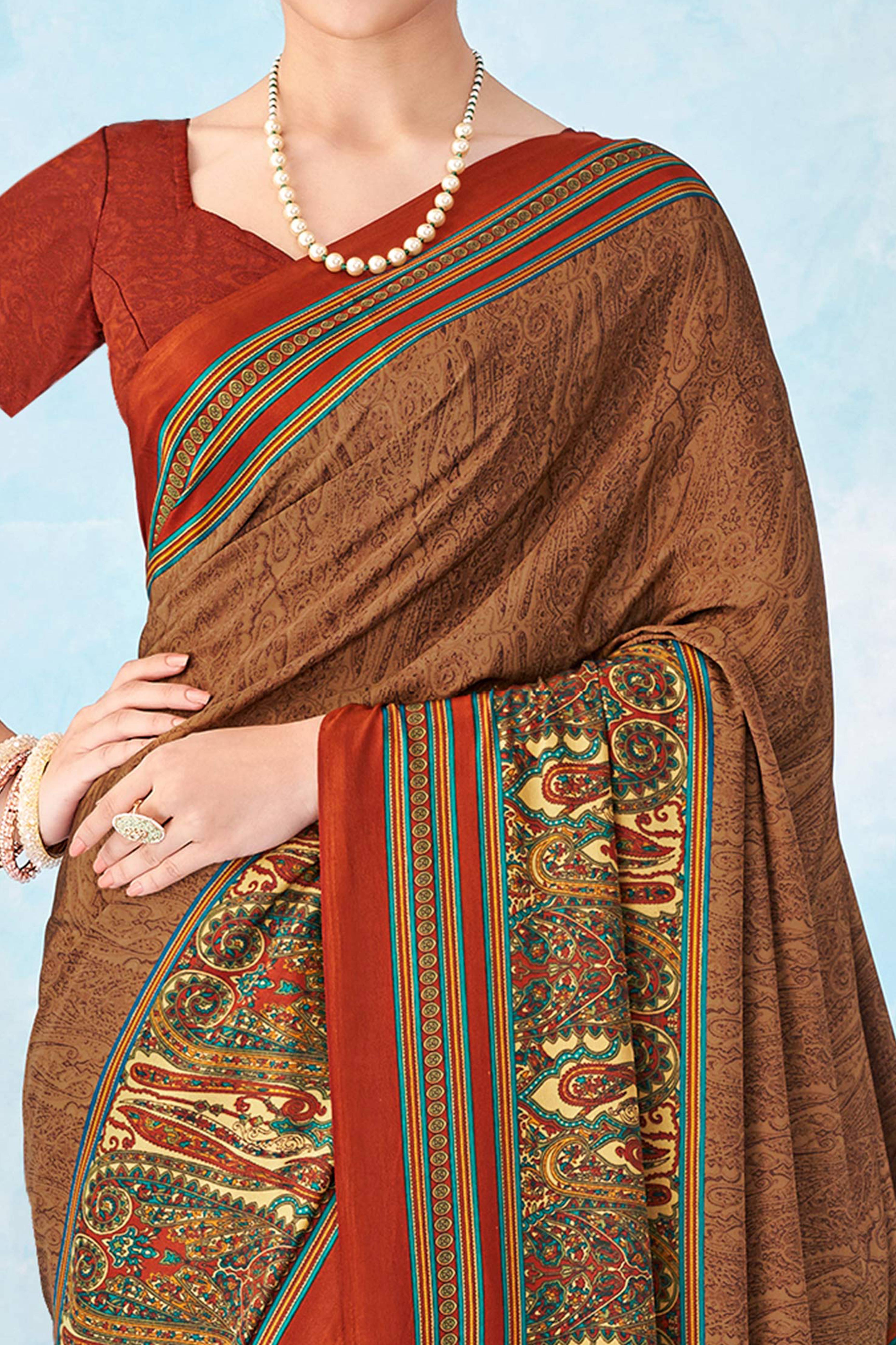 Lightweight Brown Paisley Printed Saree in Luxurious Silk Crepe