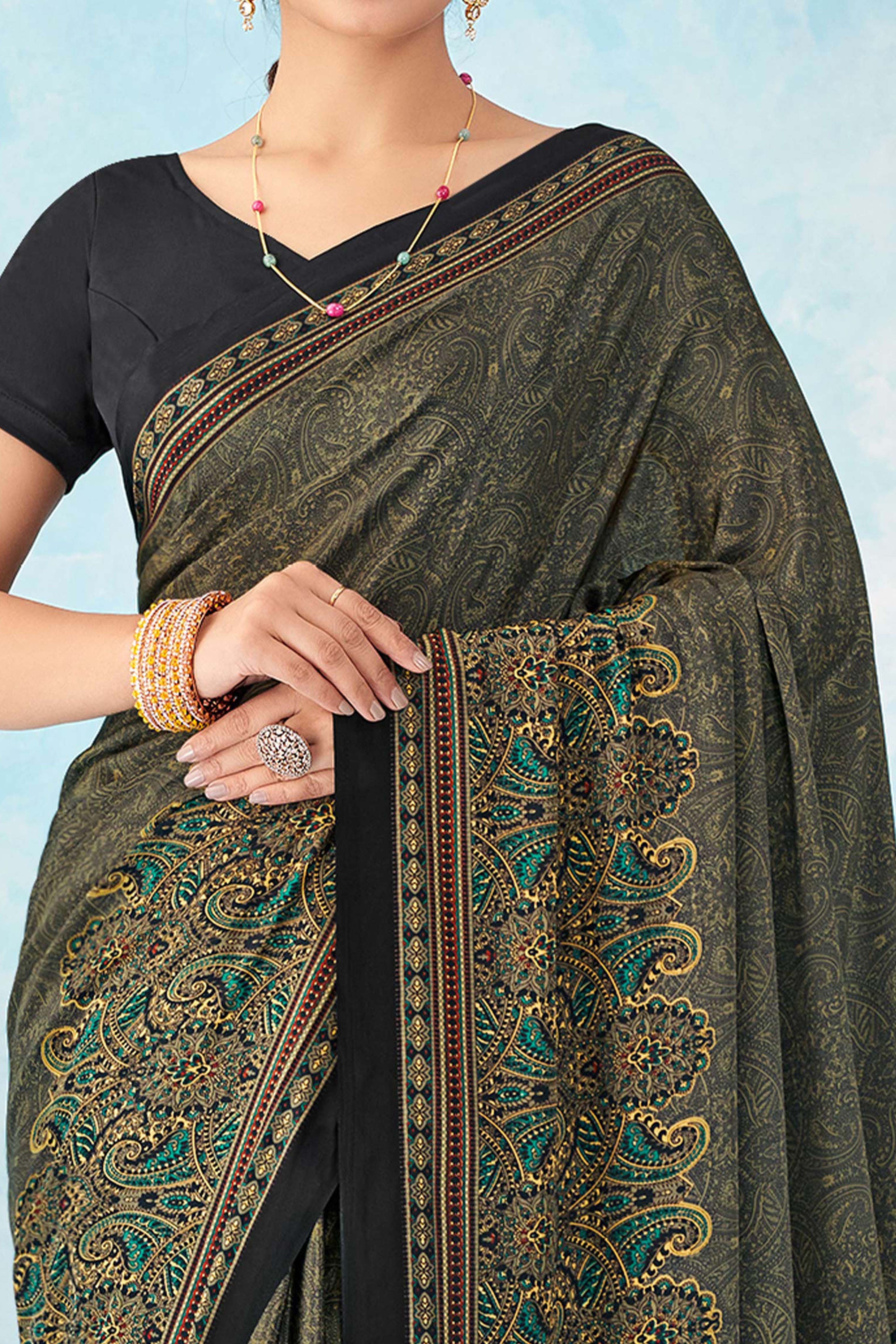 Lightweight Grey Paisley Printed Saree in Silk Crepe
