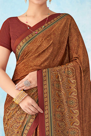 Lightweight Peach Paisley Printed Saree in Luxurious Silk Crepe