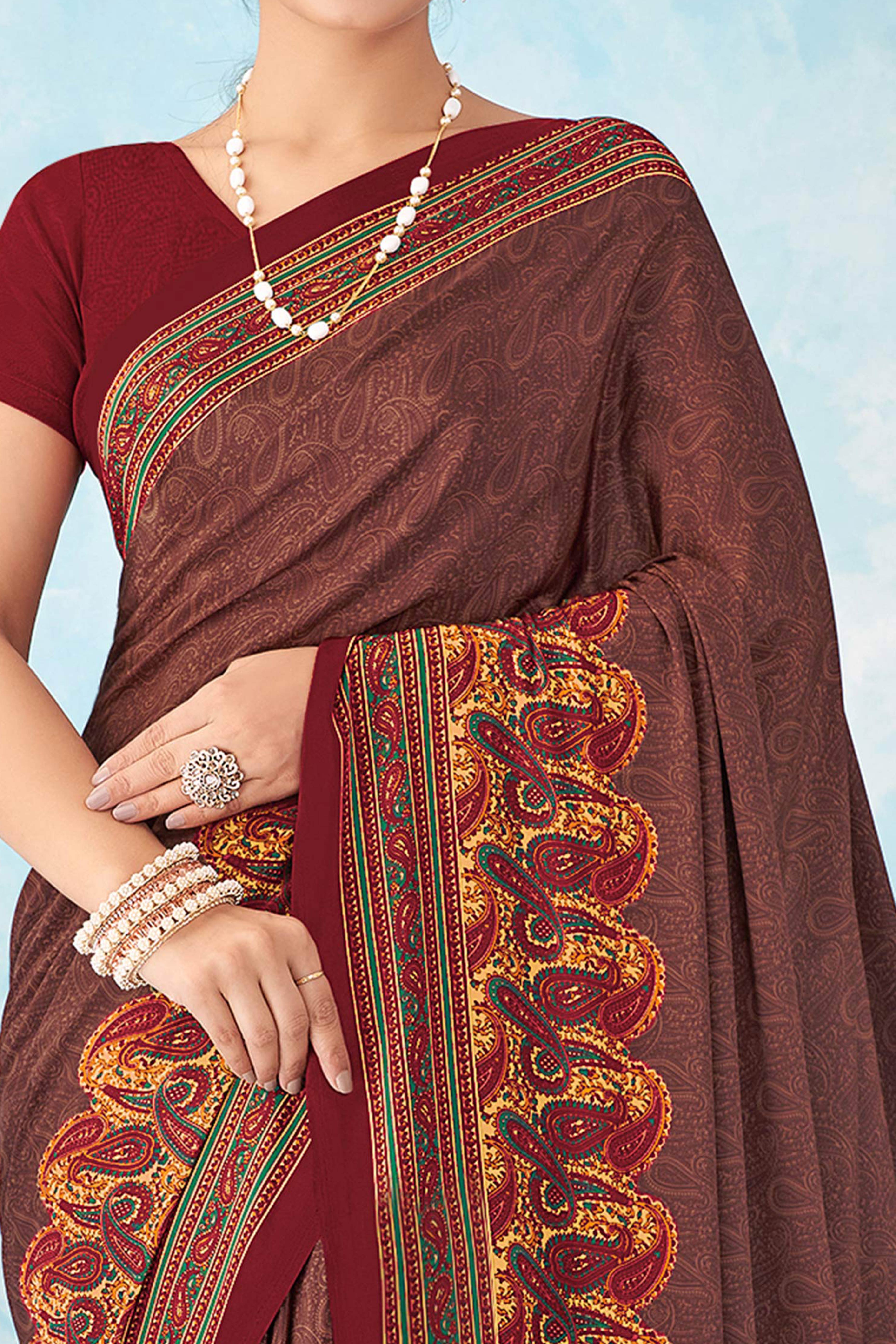 Lightweight Maroon Paisley Printed Saree in Luxurious Silk Crepe