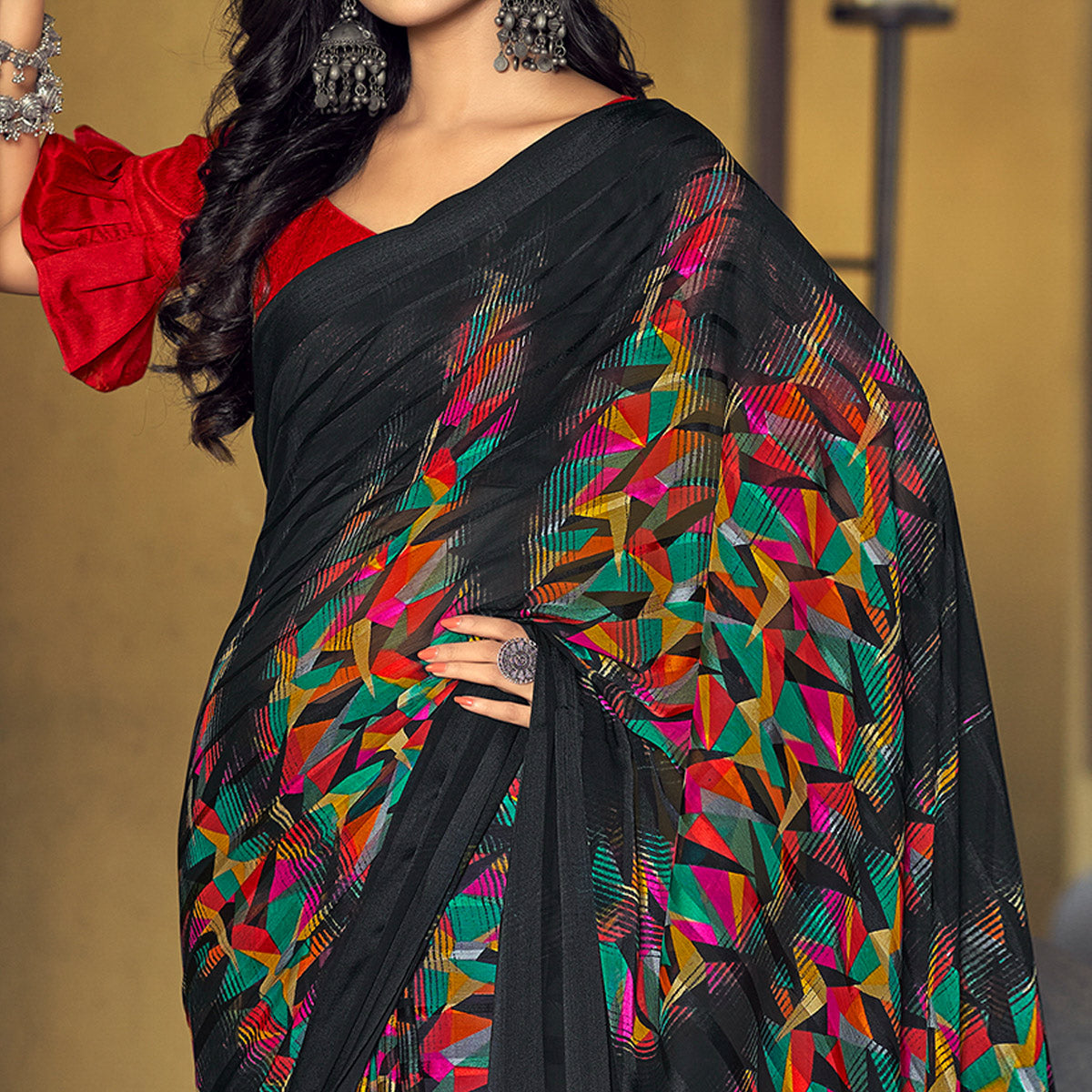 Black Geometric Printed Satin Saree