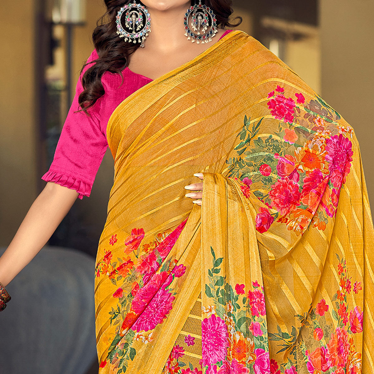 Yellow Floral Printed Satin Saree