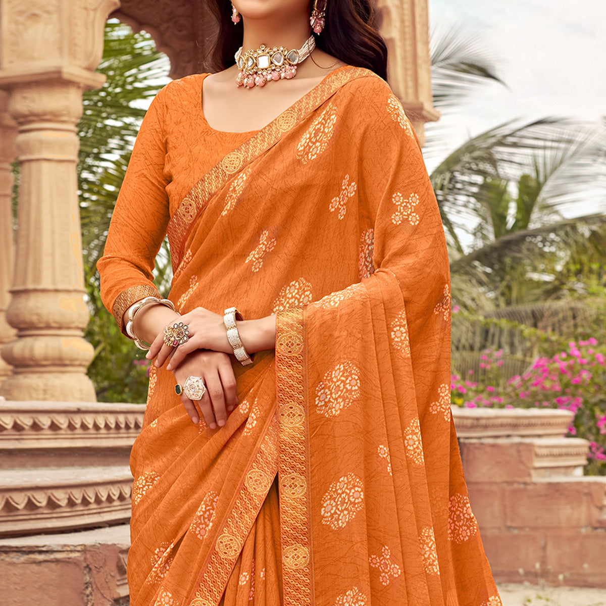 Orange Floral Printed Chiffon Saree
