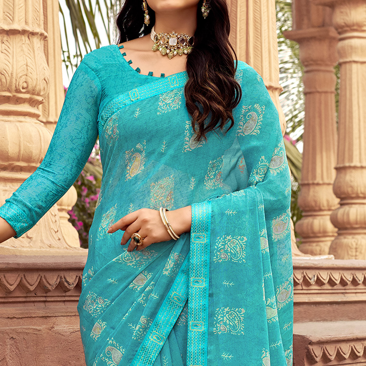 Sky Blue Floral Printed Chiffon Saree