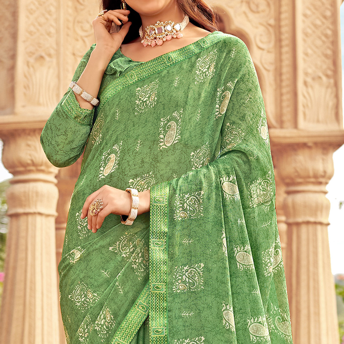 Green Floral Printed Chiffon Saree