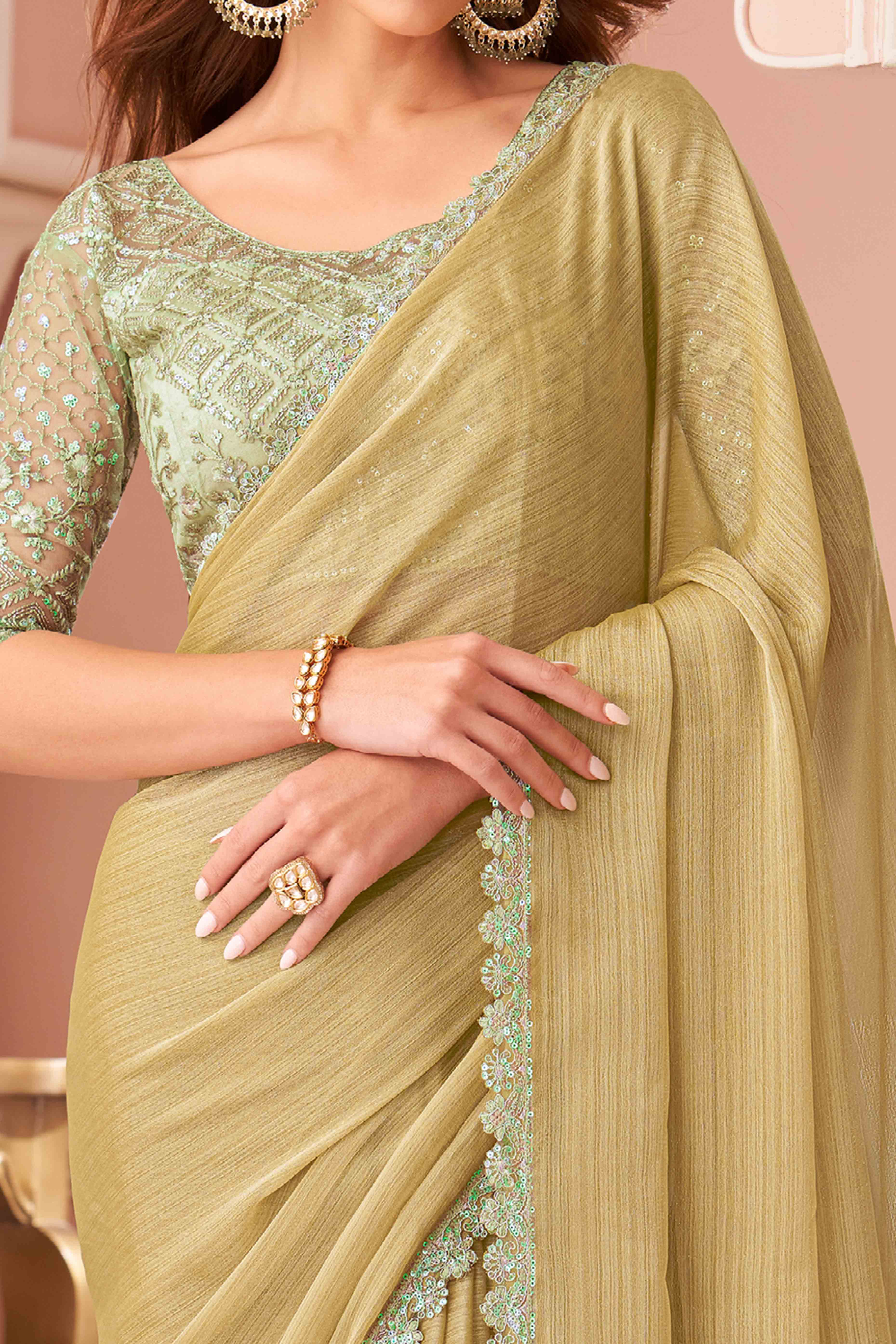 Olive Sequins Embroidered Georgette Saree
