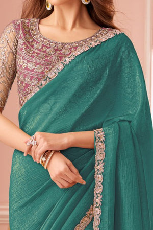 Designer Rama Green Sequin Embroidered Georgette Saree for Party Functions