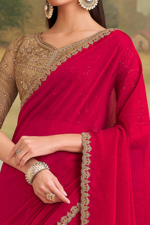 Radiant Cherry Red Shining Georgette Saree Adorned With Floral Sequins Embroidered Lace Border
