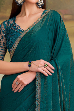 Dark Teal Twilight Georgette Saree Embellished With Floral Sequins Embroidered & Lace Border