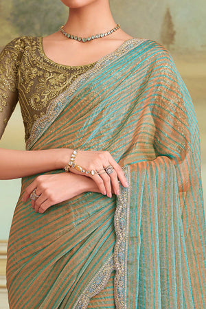 Charming Turquoise Striped Georgette Saree Featuring Floral Sequins Embroidered Lace Border