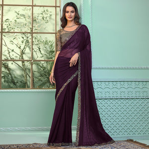Wine Embroidered Chiffon Designer Saree