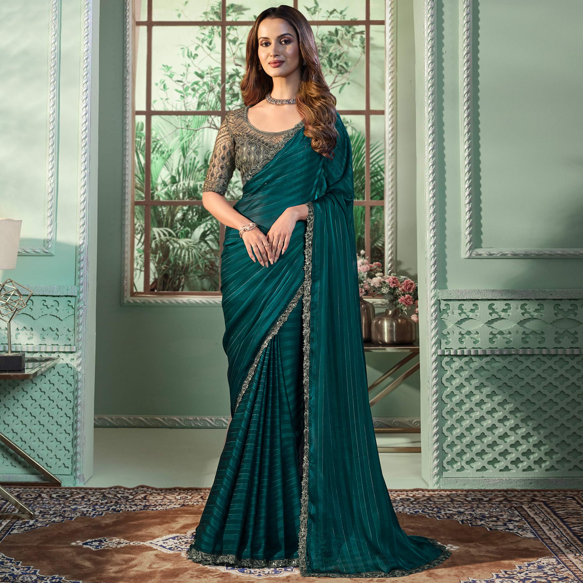 Teal Green Embroidered Georgette Designer Saree