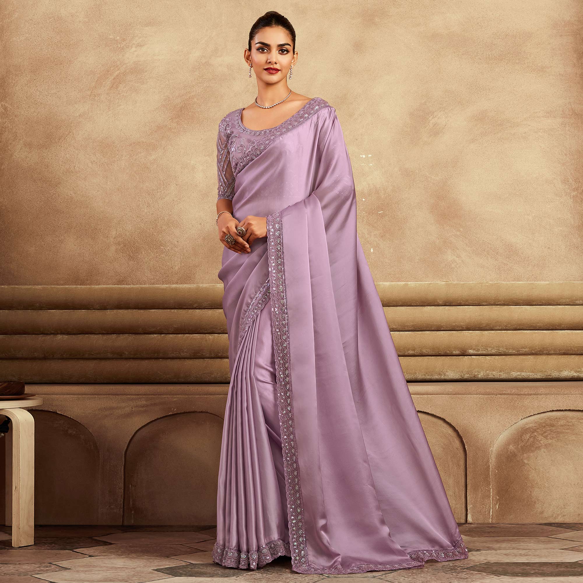 Pastel Purple Sequins Embroidered Satin Silk Saree