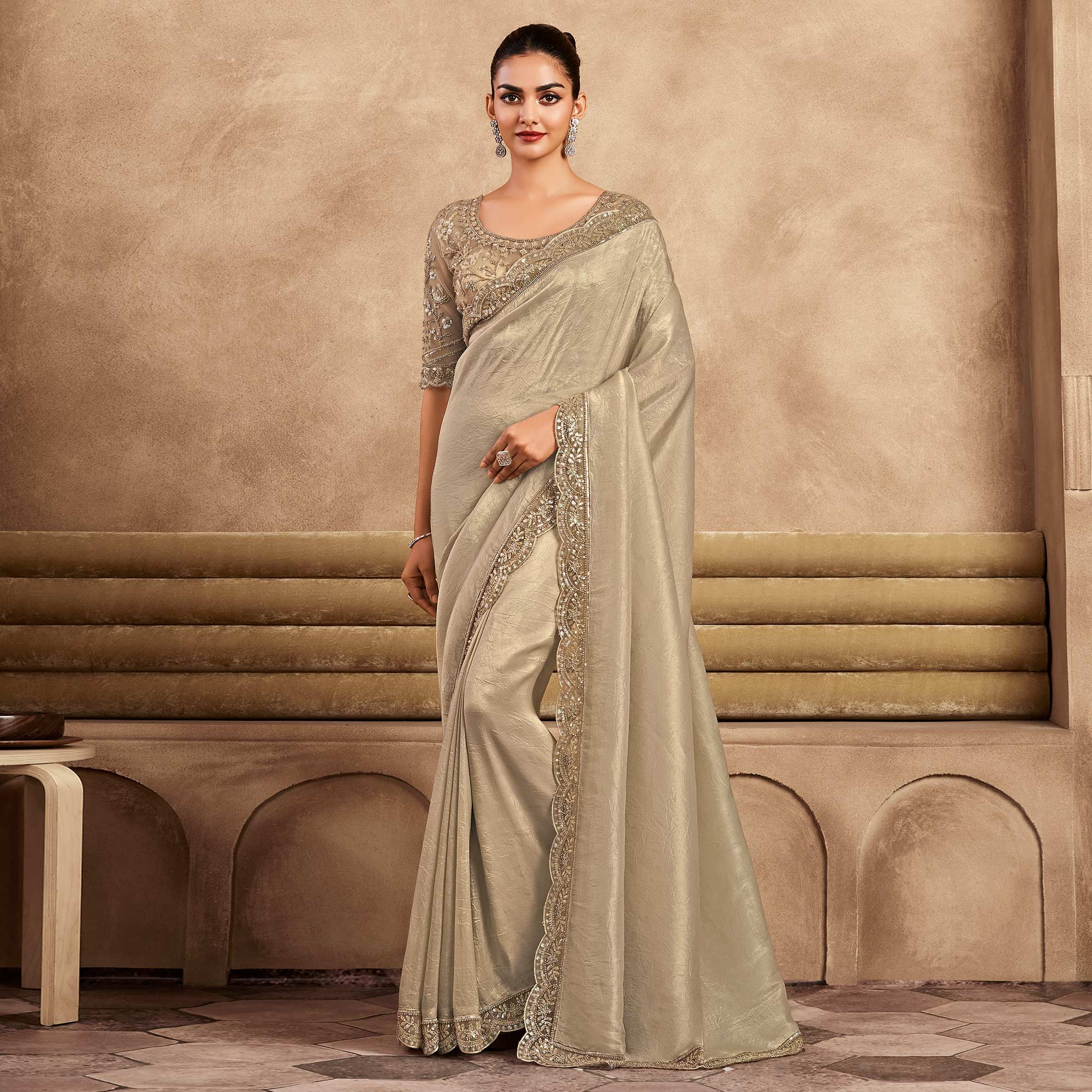 Beige Sequins Embroidered Satin Silk Saree