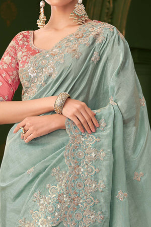 Gorgeous Sky Blue Georgette Saree Adorned With Floral Cording Sequins Embroidery & Cutwork Border
