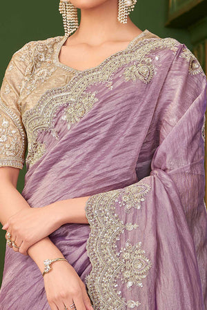 Graceful Lavender Georgette Saree Adorned With Floral Cording Sequins Embroidery & Cutwork Border