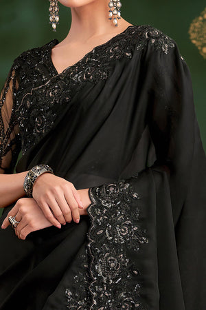 Mesmerizing Black Georgette Saree Adorned With Floral Cording Sequins Embroidery & Cutwork Border