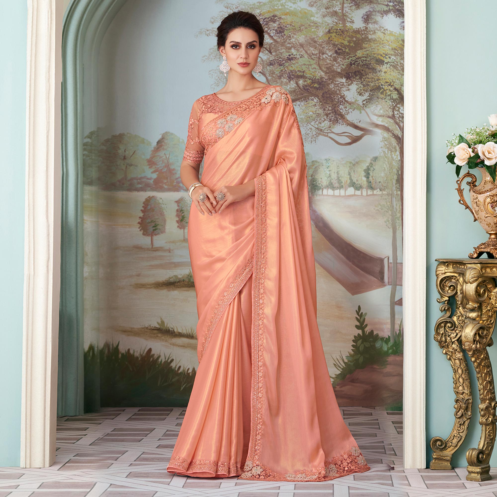 Peach Sequins Embroidered Satin Saree