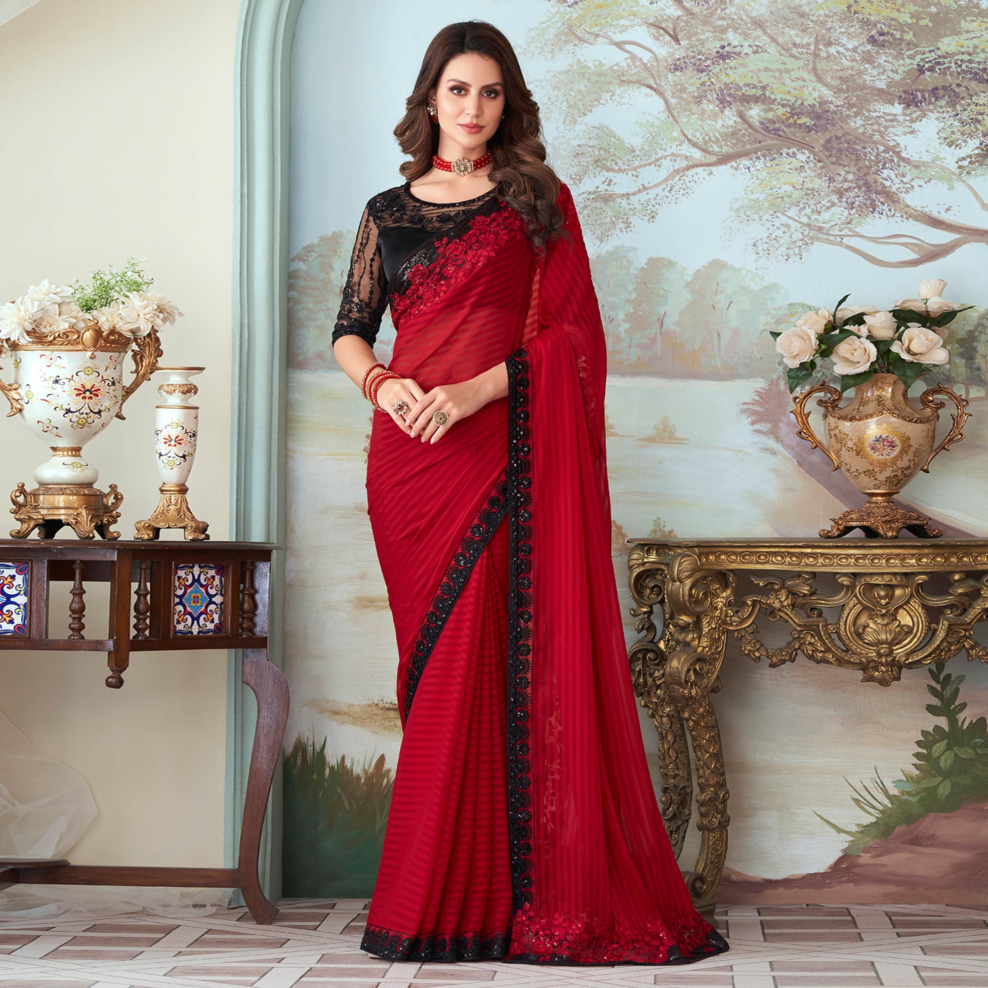 Red Sequins Embroidered Satin Saree