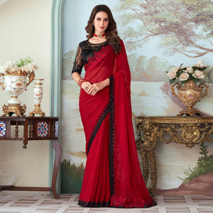 Red Sequins Embroidered Satin Saree