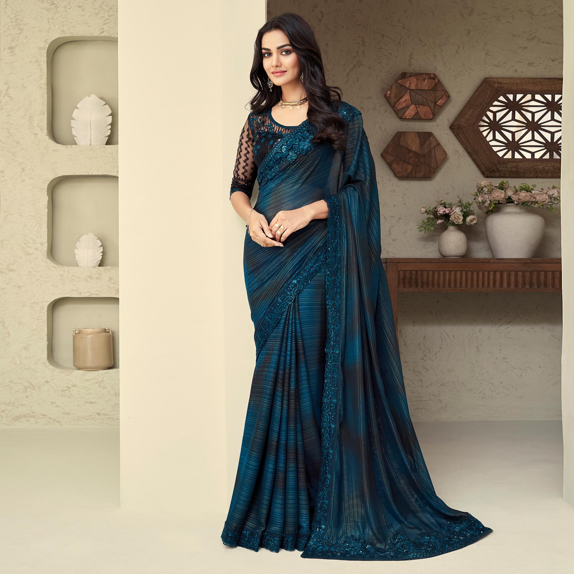 Blue Sequins Embroidered Georgette Saree