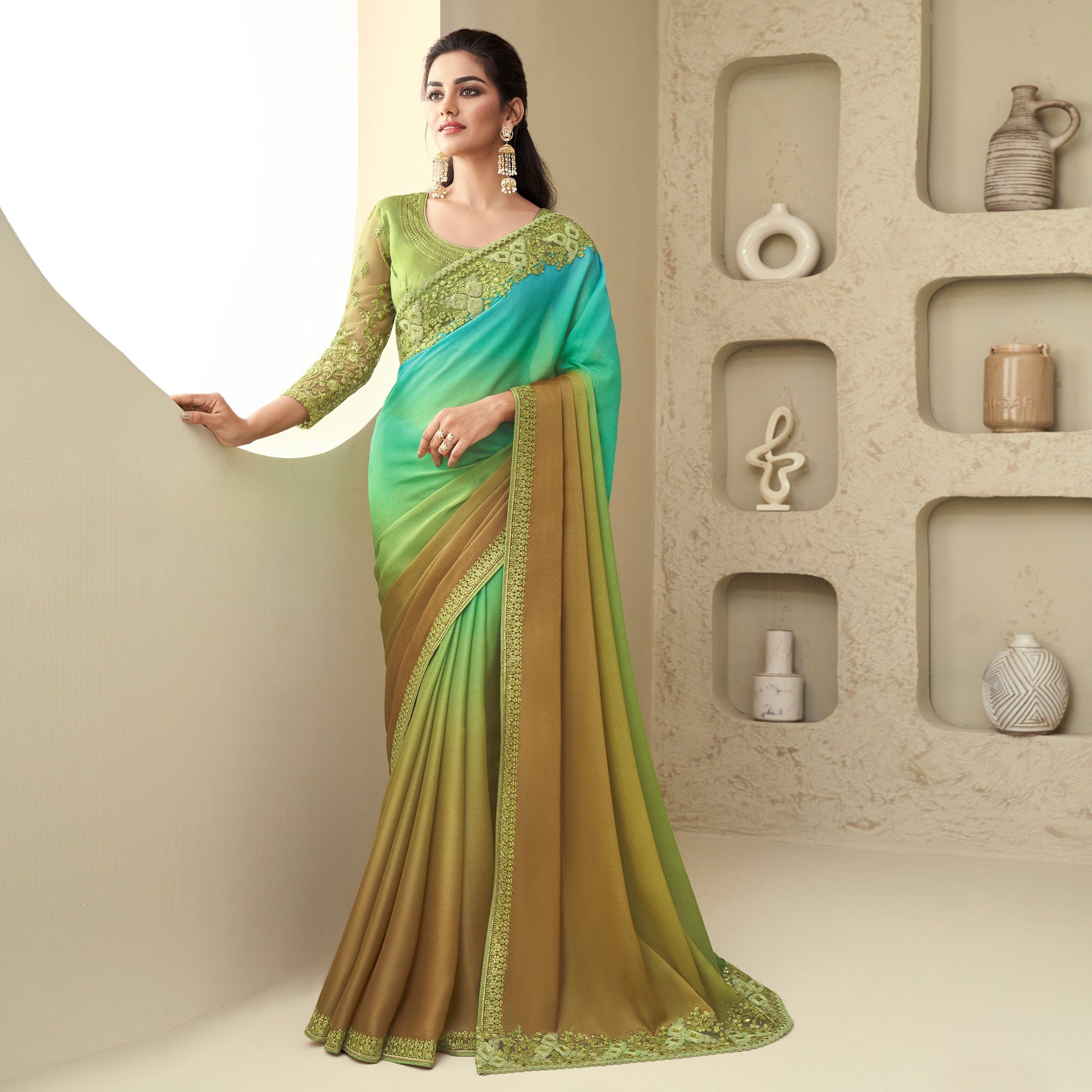 Pista Green Sequins Embroidered Georgette Saree