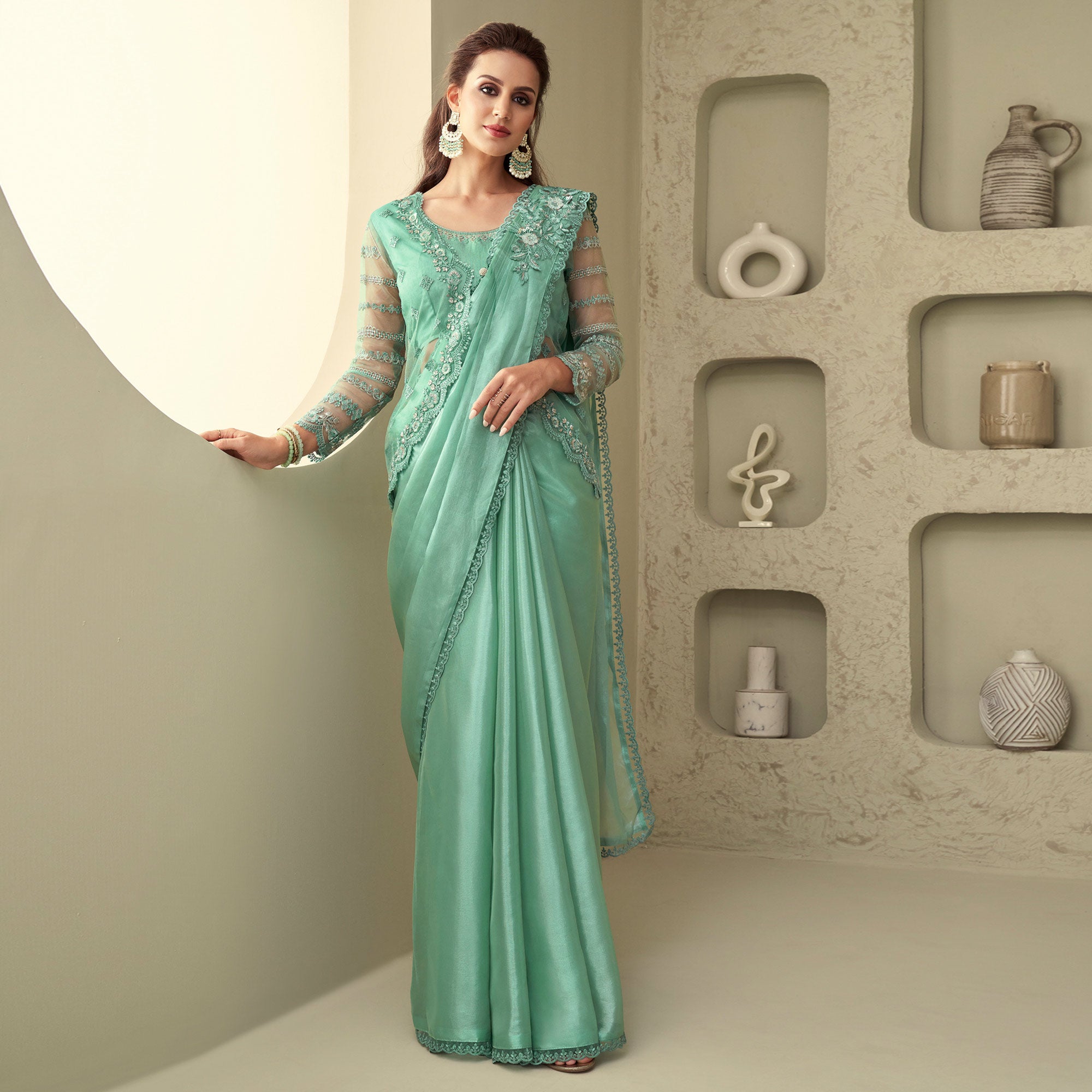 Sea Green Sequins Embroidered Georgette Saree