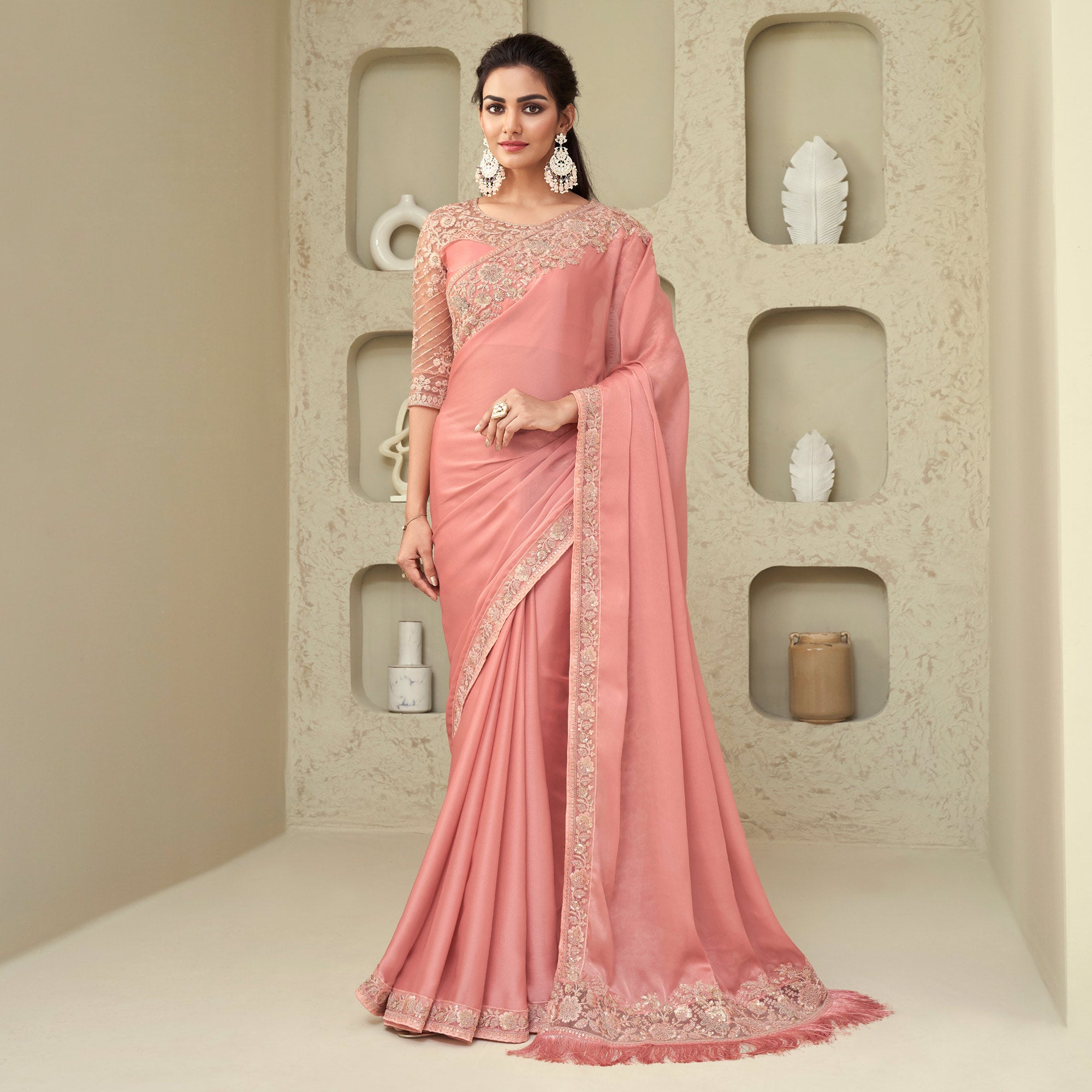 Peach Sequins Embroidered Georgette Saree