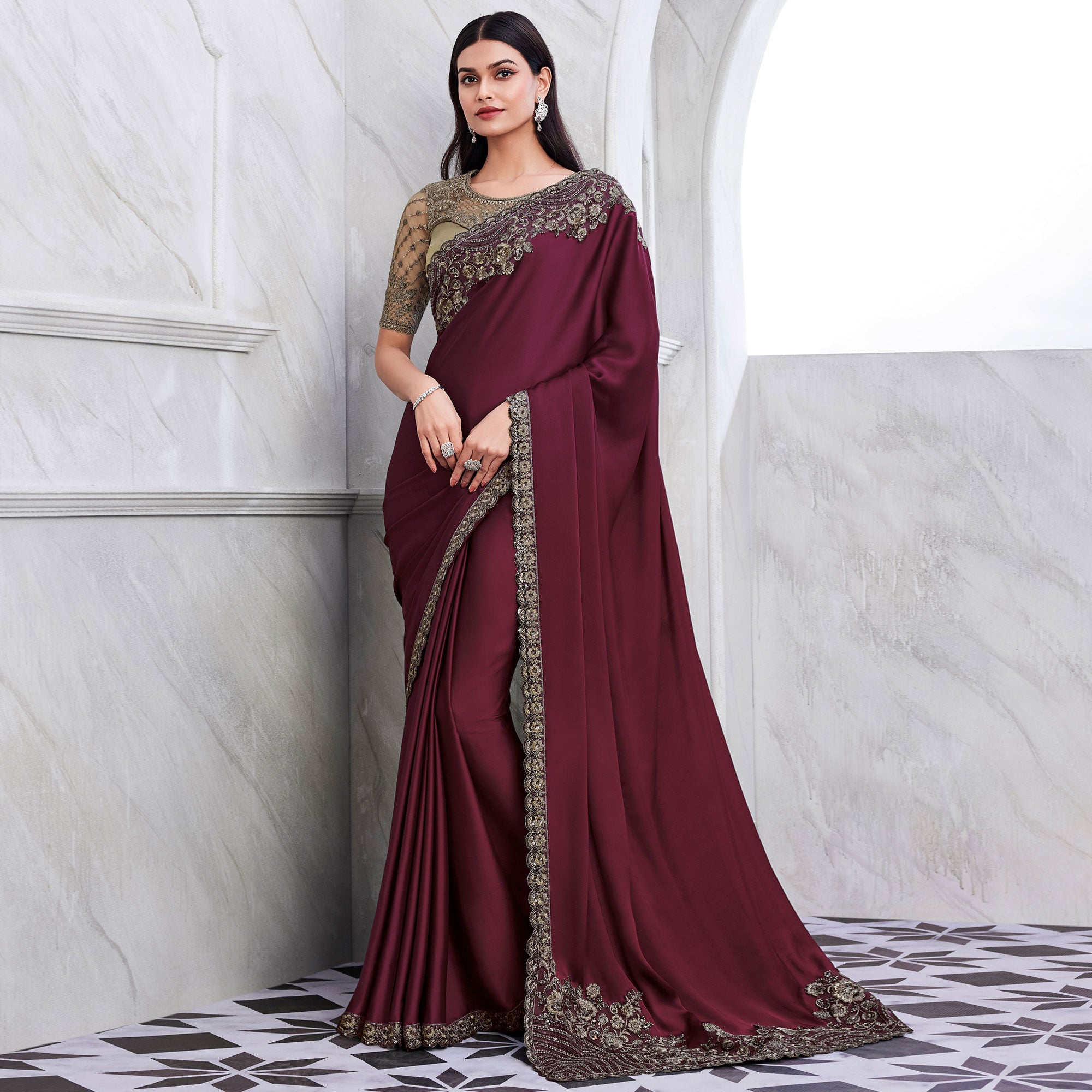 Wine Floral Sequins Embroidered Georgette Saree
