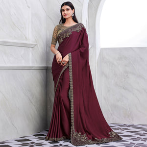 Wine Floral Sequins Embroidered Georgette Saree
