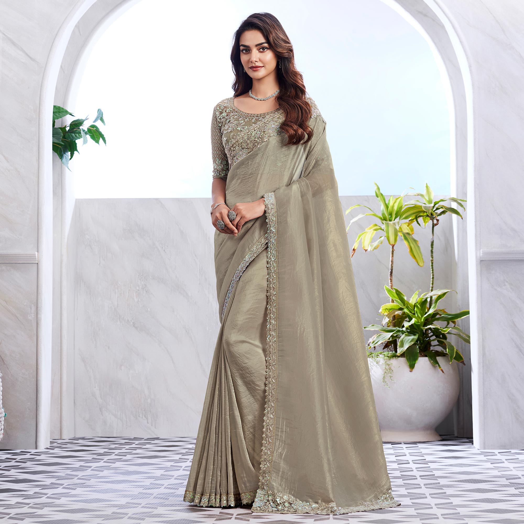 Beige Floral Sequins Embroidered Georgette Saree