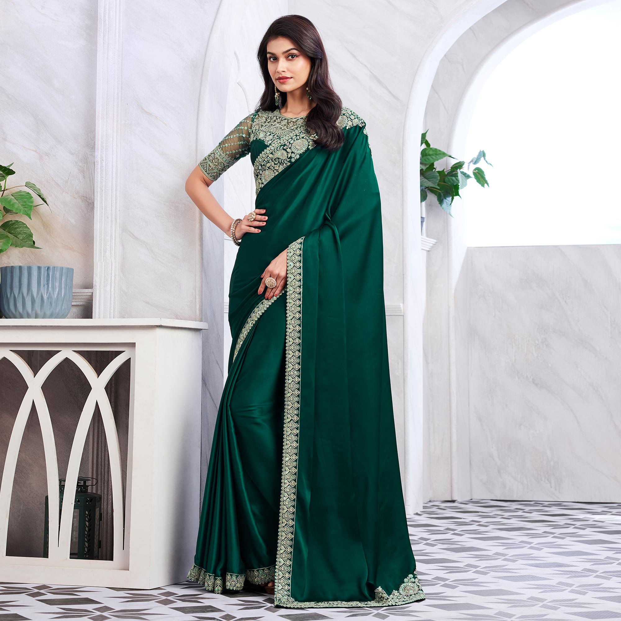 Green Floral Sequins Embroidered Satin Saree