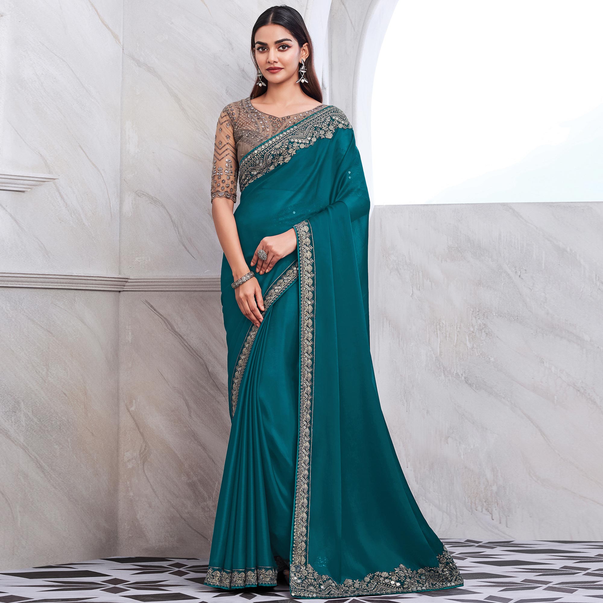 Teal Floral Sequins Embroidered Satin Saree