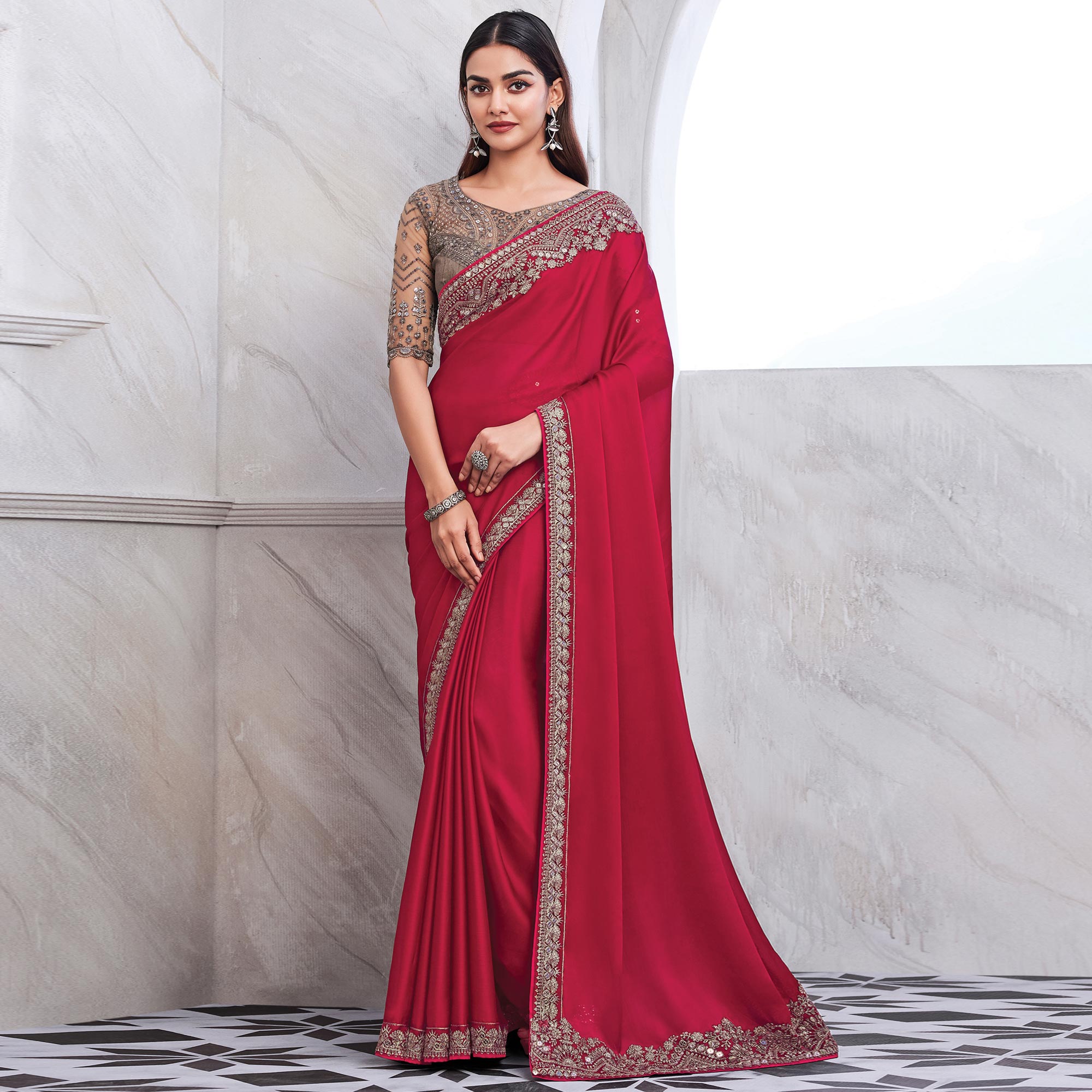 Pink Floral Sequins Embroidered Satin Saree