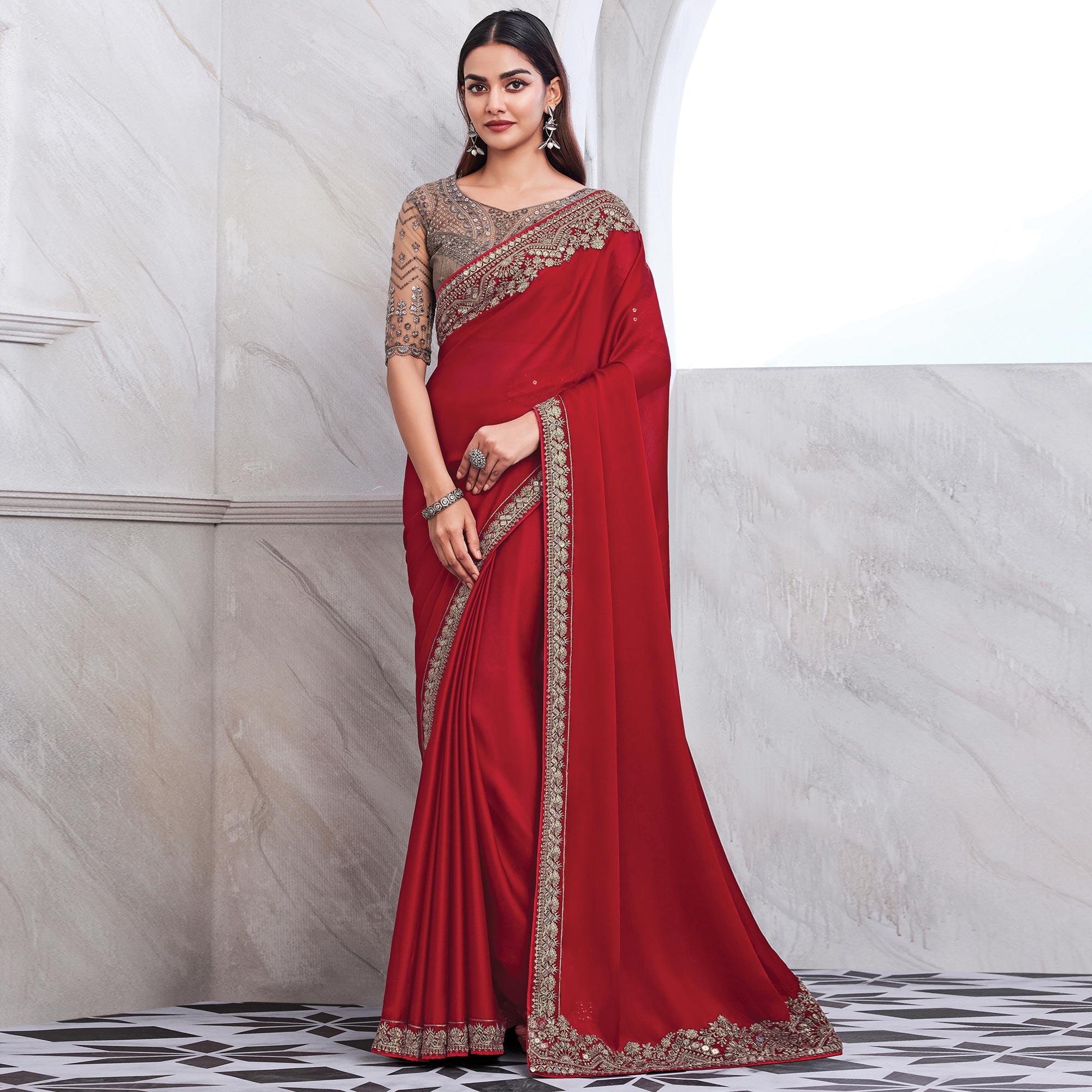 Red Floral Sequins Embroidered Satin Saree