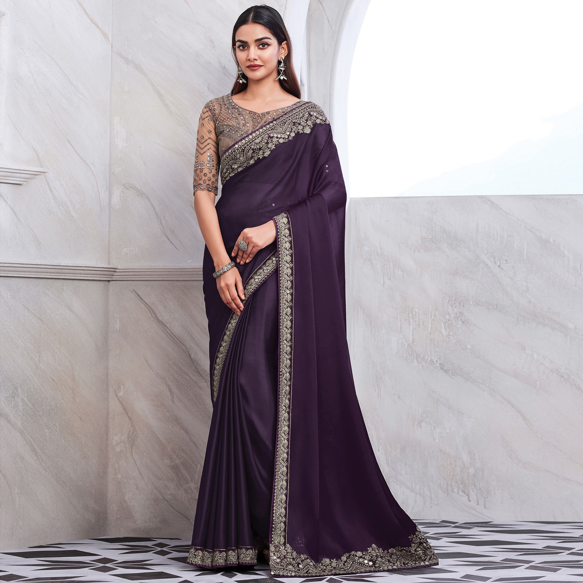 Purple Floral Sequins Embroidered Satin Saree