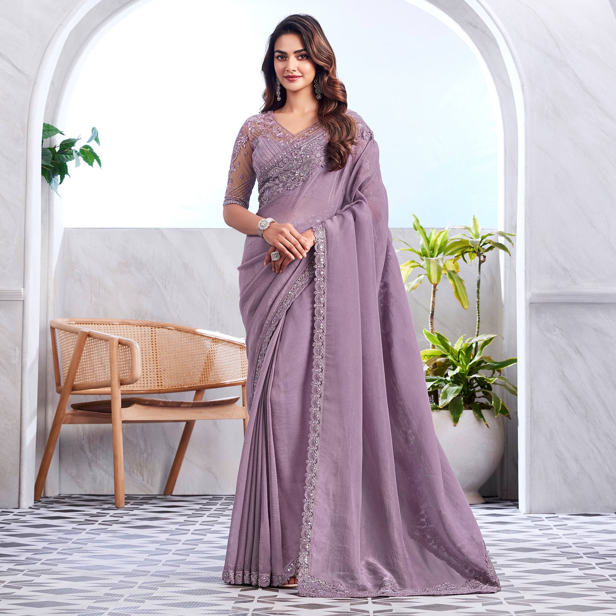 Lavender Floral Sequins Embroidered Georgette Saree