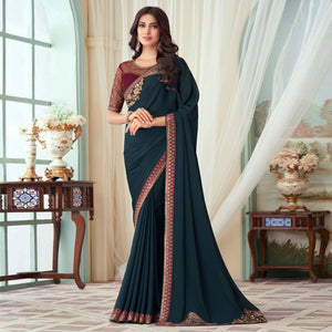 Teal Green Floral Sequin Embroidered Crepe Saree