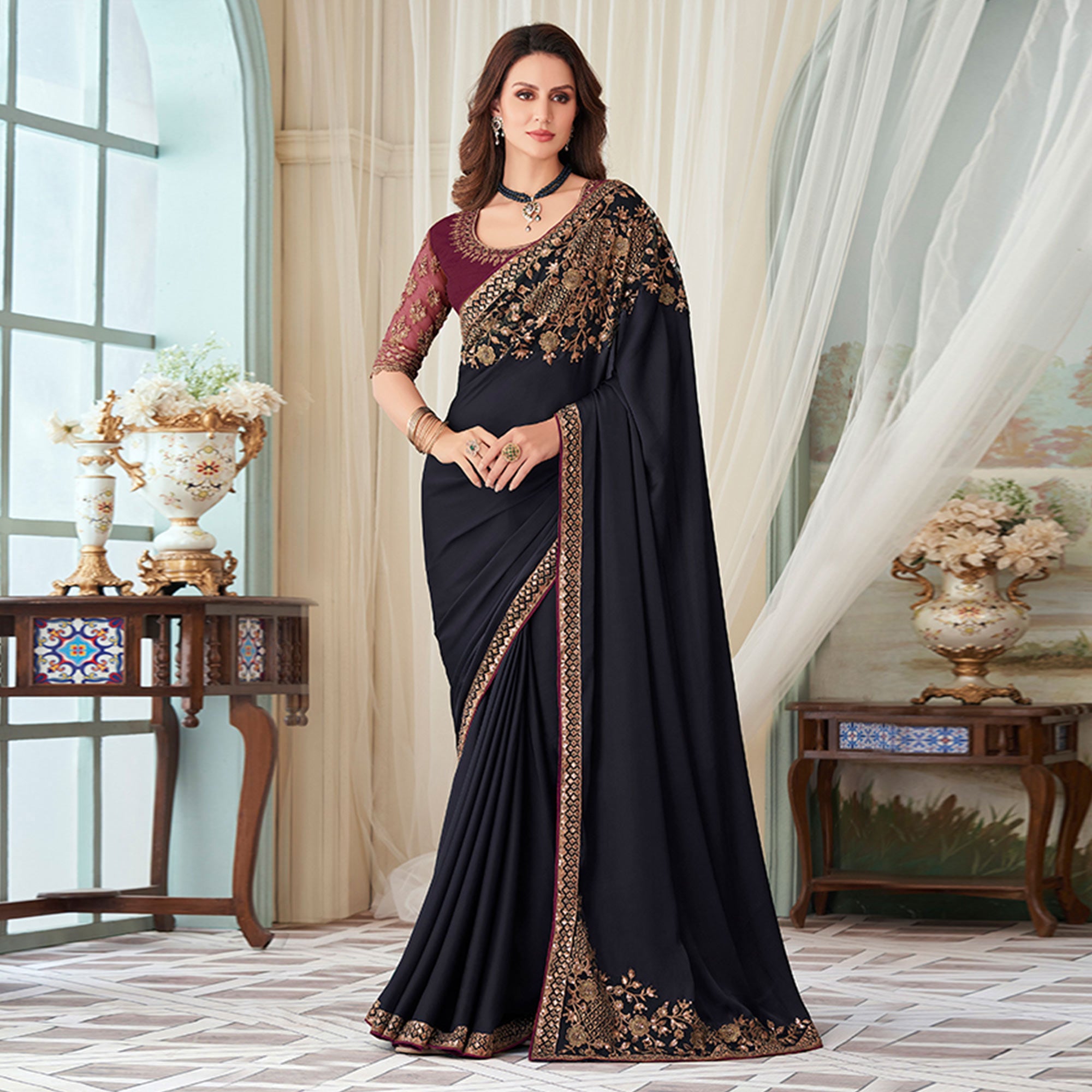 Black Floral Sequin Embroidered Crepe Saree